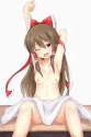 1girl ;d arm_up armpits blush bow breasts brown_hair chicking hair_bow hair_tubes highres long_hair looking_at_viewer nipples nude one_eye_closed open_mouth red_eyes simple_background sitting smile sol.jpg