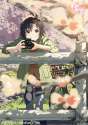 1406618 - _d 1girl artist_name bangs basket bicycle bicycle_basket black_hair blue_eyes blurry buttons camera cherry_blossoms coat collaboration depth_of_field fence grin ground_vehicle highres holding_camera idolmaste.png