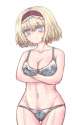1girl blonde_hair blue_eyes blush bra breast_hold breasts collarbone commentary crossed_arms curvy expressionless groin hairband hbkhk2007 highres hips lace-trimmed_bra lace-trimmed_panties light_frown loli.png