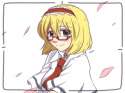 bespectacled blonde_hair blue_eyes bust capelet ebz glasses hairband neko_majin petals short_hair smile solo touhou viewfinder-0650ad17b47b21effbffe10ad70bc1e3.png