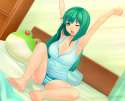 kochiya sanae-1girl armpits arms up barefoot bed blush breasts cameltoe cleavage dutch angle feet green eyes green hair large breasts long hair one eye closed open mouth panties pillow sitting sleepy solo stretch striped stri.png