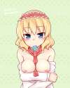 alice_margatroid-1girl between_breasts blonde_hair blue_eyes breast_hold breasts condom condom_in_mouth dated hairband heart heart-shaped_pupils lolita_hairband looking_at_viewer mouth_hold necktie necktie_bet.jpg