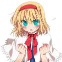 1girl blonde_hair blue_eyes blush capelet clenched_hand clenched_hands fang female frown hairband manle short_hair solo touhou-ad448010d13ac41dfdb23f0ee176ef53.jpg