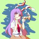 1girl animal_ears carrot gun long_hair moon necktie purple_hair rabbit_ears red_eyes red_necktie sasa_kichi skirt smile solo star touhou weapon-f5eb58685f58907b293b614686f89568.jpg