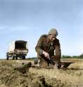Sapper from the Royal New Zealand Corps of Engineers probes the earth in the search for more mines after lifting (digging out) German Tellermine, near Tripoli, Libya, on the 22d of January, 1943.jpg