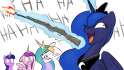 Luna shooting an SKS while Celestia Twilight and Cadance watch.png