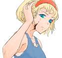 1girl alternate_costume bare_shoulders blonde_hair blue_eyes commentary cracked_skin frown hairband hand_in_hair short_hair solo upper_body toucanpecan touhou-9d787c9f4f5be81b9585e204d1425df4.png