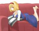 468367 - alice_margatroid barefoot blonde_hair blush breast_press breasts cleavage couch feet hairband on_stomach pillow pillow_hug smile toobane touhou.jpg