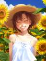 s - 1494634 - 1girl bare_shoulders black_hair camisole closed_eyes cloud flower grin hat highres idolmaster kikuchi_makoto nekopuchi short_ha.jpg