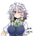 1girl blue_dress blue_eyes braid breasts dress female large_breasts looking_at_viewer maid maid_headdress one_eye_closed rihito_(usazukin) shirt short_sleeves silver_hair smirk solo touhou twin_braids upper_bo.png