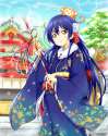 s - 2993695 - 1girl arrow blue_hair blue_sky brown_eyes charm_(object) cloud floral_print hair_ornament japanese.png