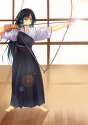 s - 1878359 - 1girl absurdres archery arrow barefoot black_hair bow_(weapon) breastplate gloves hakama highres japanese_clothes ki.jpg