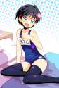s - 736772 - 1girl bed black_hair blue_eyes highres idolmaster kikuchi_makoto name_tag one-piece_swimsuit school_swimsuit short_hair solo sw.jpg