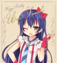 s - 1859775 - ;d 1girl blue_hair blush bow character_name fingerless_gloves gloves hair_bow hand_on_hip happy_birthday highres kar.png