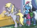 352779__safe_clothes_upvotes+galore_derpy+hooves_trixie_plot_alternate+hairstyle_muffin_ponytail_camera.png