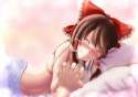 1girl afterglow bed_sheet blush bow brown_hair eyes_closed face female hair_bow hand_holding hands happy harimu_ohagi looking_at_viewer lying naked_sheet nude on_side pillow pov smile solo_focus touhou.jpg