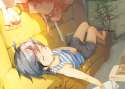 1148931 - 1girl ahoge bare_shoulders barefoot black_hair book closed_eyes couch drawer dress drooling hand_on_own_stomach idolmaster kikuchi_makoto leaf lying nerima on_back open_mouth saliva short_hair shorts sleeping.png