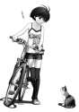 725474 - 1girl bicycle bow camisole cat ground_vehicle idolmaster kikuchi_makoto legs monochrome nekopuchi shoes short_hair shorts sneakers solo thighhighs.jpg