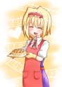1girl ^_^ apron blonde_hair closed_eyes dress_shirt fang hairband heart musical_note open_mouth oven_mitts pie ribbon shirt short_hair smile solo takorice touhou-9d50090310678e92a5d0baf0462b762a.png