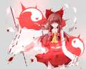 1girl ascot blood blood_splatter bow brown_hair detached_sleeves glowing gohei grey_background hair_bow hair_tubes highres light_trail long_hair midriff one_eye_closed outstretched_arm red_skirt ribbon-trimmed.png