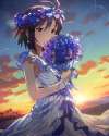 2378480 - 1girl antenna_hair black_hair bouquet dress earrings flower head_wreath idolmaster idolmaster_million_live! jewelry kikuchi_makoto lens_flare looking_at_viewer official_art purple_eyes short_hair solo sunset.jpg