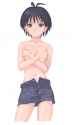 136409 - 1girl antenna_hair denim denim_shorts idolmaster kikuchi_makoto navel nekopuchi shorts solo topless.jpg