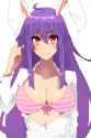 animal_ears bow bra breasts bunny_ears bust buttons cleavage collarbone dress_shirt hair_twirling jont large_breasts long_hair looking_at_viewer necktie open_clothes open_shirt pink_background purple_h.jpg