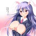 1girl animal_ears blush breasts breasts_outside bunny_ears deego_(omochi_bazooka) framed_breasts huge_breasts lactation long_hair looking_at_viewer nipples open_mouth purple_hair red_eyes solo.jpg
