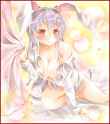 1girl _o animal_ears arm_support blush border breasts bunny_ears cleavage collarbone colored_pencil_(medium) curtain_grab curtains gradient gradient_background kneeling large_breasts long_hair.png