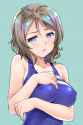 s - 3257609 - 1girl aqua_background bare_arms blue_eyes breast_hold breast_suppress breasts brown_hair chikugen_shiina.jpg