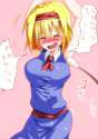 1girl ^_^ armpits arms_up blonde_hair blue_dress blush closed_eyes dress eyes_closed hairband laughing neckerchief open_mouth short_hair smile solo takorice tears tickling touhou-a9fe8a66626996e65fbfe322882.png