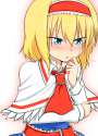 alice_margatroid-1girl arm_rest ascot blonde_hair blue_eyes blush capelet dress eyebrows eyebrows_visible_through_hair finger_to_mouth hairband katsumi5o open_mouth ribbon short_hair simple_background sweatdrop touhou.jpg