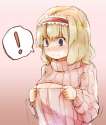! 1girl annoyed blonde_hair blush breasts cleavage covering_nipples frown hairband highres lolita_hairband open-chest_sweater ribbed_sweater short_hair solo spoken_exclamation_mark sweatdrop sweater sweater.jpg