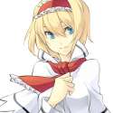 537381 - alice_margatroid blonde_hair blue_eyes cravat face hairband hand_on_chest lastswallow simple_background smile solo touhou wind.jpg
