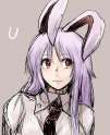 1girl animal_ears bust collared_shirt hanemikakko lavender_background leaning long_sleeves looking_to_the_side neck necktie purple_hair rabbit_ears red_eyes simple_background sketch smile solo touhou-f.jpg