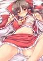 1girl _t blush bow breasts brown_hair detached_sleeves female hair_bow hair_ribbon hair_tubes highres japanese_clothes large_breasts long_hair lying miko nanpuu panties red_eyes ribbon solo touhou unde.jpg