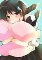 s - 447467 - 1girl black_eyes black_hair blush body_writing face hug idolmaster kikuchi_makoto pillow pillow_hug school_uniform short_hair so.jpg
