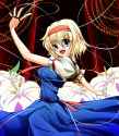1girl alice_margatroid blonde_hair blue_eyes breasts capelet dress female flower hairband jewelry open_mouth ring short_hair smile solo string touhou yanmarson-f8fd3fc5.jpg