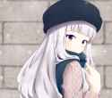 1763-1girl blush hat highres long_hair looking_back purple_eyes scarf silver_hair smile solo gofukiimo_(psempsemn) shijou_takane idolmaster.png