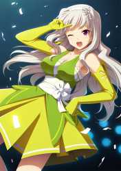 1325-1girl ;d bare_shoulders blush breasts collarbone confetti dress elbow_gloves gloves hairband hand_on_hip highres large_breasts long_hair one_eye_closed open_mouth pointing purple_eyes revision smile.jpg